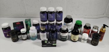 Approximately twenty five assorted supplements and vitamins to include Iron Pro, Marine collagen, NM