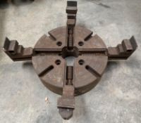 Pre-owned adjustable four-jaw lathe chuck - full diameter size open 45cm x 45cm approximately.