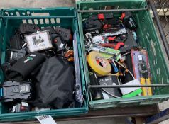 Two crates of as new and pre-owned hand and power tools to include Bosch 18v Li-ion battery, Wera to