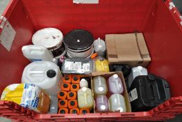 A quantity of assorted liquids to include floor gel, buffer solution, Sika fast fix and Drain X Powe