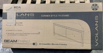 MDA Designs Volans Beam Thru Corner Style black and walnut TV Stand, I.R Compatible (Remote Friendly