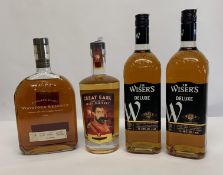Woodford Reserve Kentucky straight bourbon whisky 1L, two J.P Wisers Deluxe Canadian whisky 2 x 1L,