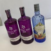 Two Whitley & Neill Rhubarb & Ginger gins 2 x 1ltr and a Citadelle gin de France Sargent Pepper 700m