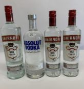 Four Vodka's to include three Smirnoff No21, 1 x 1ltr, 2 x 700ml, Absolut 1ltr.