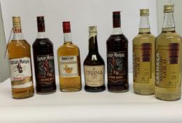 Two Captain Morgan dark rum 2 x 1L, Captain Morgan spiced gold 1L, Mount Gay Barbados rum Eclipse He