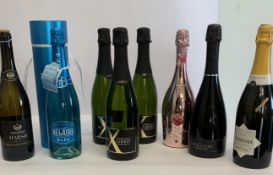Eight assorted sparkling wines to include Belaire limited edition Bleu 750ml, Ex Libris Brut 3 x 750