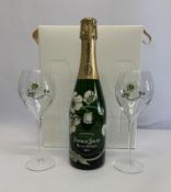 A Perrier-Jouet Belle Epoque 2013 Champagne 750ml with two flutes.