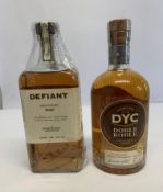 Defiant American single malt whisky 750ml, DYC Doble Roble single malt whisky 700ml.