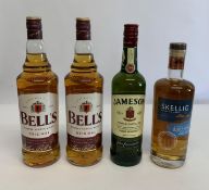 Two Bells Original blended Scotch whisky 2 x 1L, Jameson Irish whiskey 700ml and a Skellig small bat