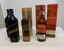 Two Johnnie Walker double black blended scotch whisky 2 x 1ltr, two Tamnavulin Speyside single malt