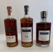 Martell VSOP Cognac 700ml, Martell VS Cognac 700ml, Martell Blue Swift Spirit 700ml.