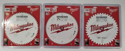 Three assorted as new Milwaukee circular blades - wood and aluminium cutting discs.