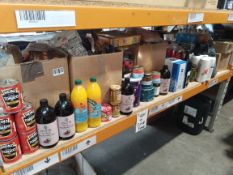 One shelf of assorted food items to include confectionery, juice, tinned items, preserves and relate