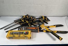 Assorted as new Roughneck tools: Four one-handed bar clamp and spreaders, a nine piece screwdriver s