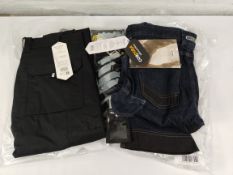 Two Dassy Liverpool work trousers, black, UK 35 and one Dassy Kyoto stretch work jeans, blue denim,