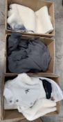 Three boxes of assorted as new clothing to include Calvin Klein, Stussy, Jack Jones and related.