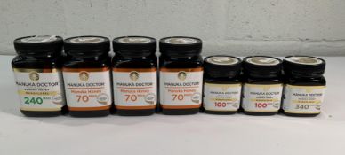 Seven jars of Manuka Doctor Manuka Honey to include 3x 70MGO 500g, 2x 100MGO 250g, 340MGO 250 and 24