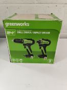 A Greenworks 24V cordless drill driver, 35Nm and impact driver, 200Nm combo kit.