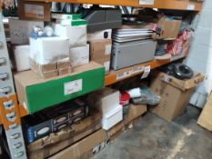 A quantity of mostly assorted as new electrical, plumbing and other related items on two shelves.
