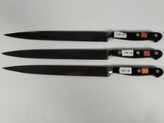 Three Wusthof narrow slicer bolstered knives, 200mm/20cm/8