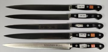 Five Wusthof narrow slicer bolstered knives, 200mm/20cm/8