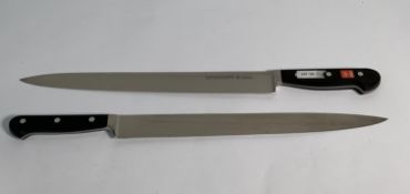 Two ED. Wusthof Dreizack Werk Tranchelard long slicer bolstered 320mm knives (4522) (over 18's only)