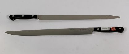 Two ED. Wusthof Dreizack Werk narrow slicer bolstered 320mm knives (4520) (over 18's only).