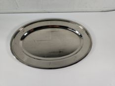 Ten as new stainless steel oval dishes, flat, double rim - 560mm (may show signs of long term storag