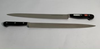 Two ED. Wusthof Dreizack Werk Tranchelard long slicer bolstered 320mm knives (4522) (over 18's only)