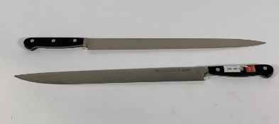 Two ED. Wusthof Dreizack Werk narrow slicer bolstered 320mm knives (4520) (over 18's only).