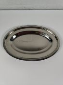Twenty four as new stainless steel oval dishes, flat, double rim - 300mm (may have some signs of lon