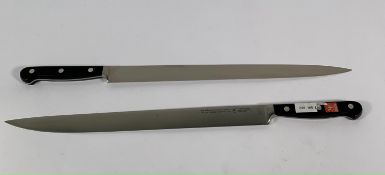 Two ED. Wusthof Dreizack Werk narrow slicer bolstered 320mm knives (4520) (over 18's only).