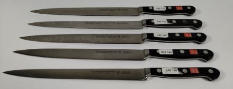 Five Wusthof narrow slicer bolstered knives, 200mm/20cm/8