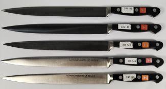Five Wusthof narrow slicer bolstered knives, 200mm/20cm/8