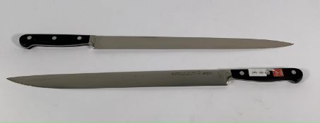 Two ED. Wusthof Dreizack Werk narrow slicer bolstered 320mm knives (4520) (over 18's only).