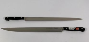 Two ED. Wusthof Dreizack Werk narrow slicer bolstered 320mm knives (4520) (over 18's only).