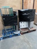 Assorted shop display stands and related items.