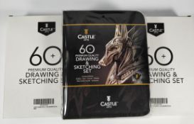 Three as new Castle Arts Premium 60-piece drawing and sketching sets with zip up cases, boxed.