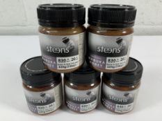 Five as new Steens Monofloral Manuka honeys 225g sealed jars, 830+MGO, 20+UMF (Exp 25/29).