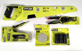 Five assorted Ryobi items - saw, heavy duty stapler, deep impact sockets, cutters and replacement sp