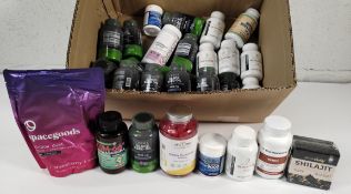 Approximately thirty assorted supplements and vitamins to include Blackseed Oil, Space Goods, Reishi