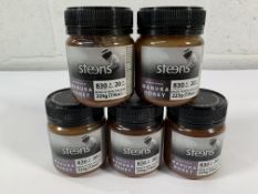 Five as new Steens Monofloral Manuka honeys 225g sealed jars, 830+MGO, 20+UMF (Exp 25/29).