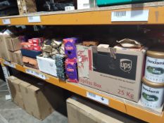 A shelf of assorted out-of-date food and confectionery products and related.