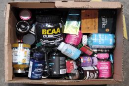 Approximately sixty assorted supplements and vitamins to include BCAA, Creatine, Magasorb, Glucosami