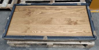 A solid rectangular wooden table, four screw legs, size (L)100cm x (W) 50cm x (D) 3cm.