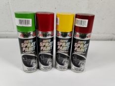 Thirty Holts Auto Paint Spray (300ml) in Red Metallic x 12 (HREM02), Green x 12 (HGR02), Yellow x 3
