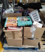 A pallet of miscellaneous items to include tools, homewares and toys.