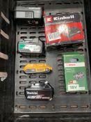 Seven assorted pre-owned power tool batteries to include Einell 18v, Bosch 18v, Dewalt 18v, Makita 1