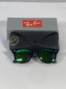 A pair of Ray-Bans Wayfarer Flash sunglasses in black with green mirror lenses (RB2140 901-19).