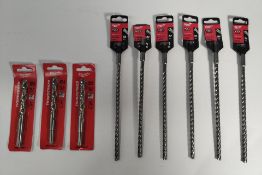 Nine assorted as new Milwaukee SDS Plus and Thunderweb drill bits.